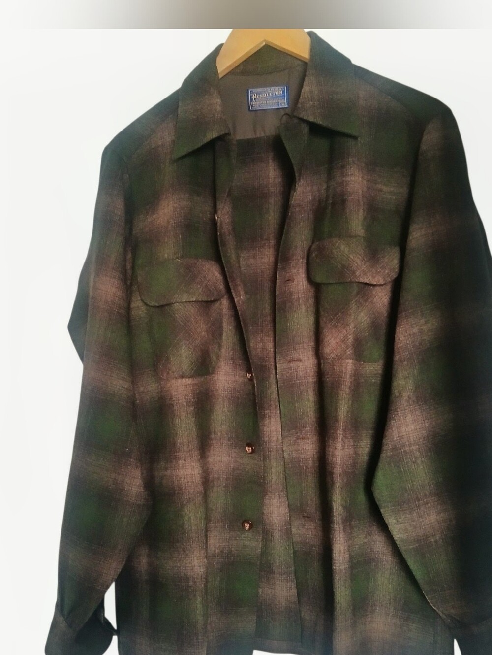 Vintage 1960's Pendleton Blue Label Shadow Plaid Wool Shirt Muted Green Size M